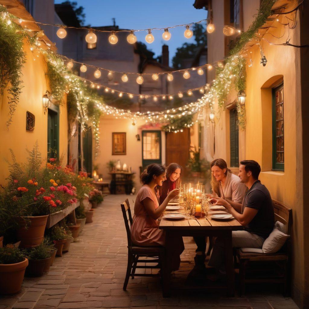 An enchanting scene showcasing a diverse group of adults enjoying a vibrant outdoor date night under twinkling fairy lights. A romantic dinner table is adorned with candlelight and flowers, set against a backdrop of traditional Eastern architecture. Couples of different ethnicities engage in laughter and conversation, reflecting the theme of adventure and connection in adult dating. Warm colors dominate the scene, enhancing the romantic atmosphere. painting. vibrant colors. whimsical.