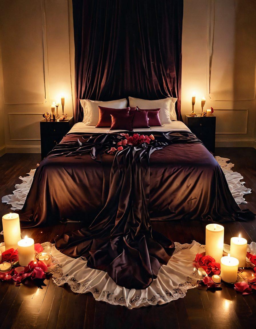A sultry, dimly lit room with an elegant bed draped in rich satin sheets, adorned with soft candles casting warm glows. In the foreground, a collection of sensual accessories like feathers, silk ties, and lace masks, inviting exploration. The backdrop features hints of intimacy with soft rose petals scattered on the floor. The atmosphere should exude a sense of mystery and passion. vibrant colors. intimate setting. soft focus.