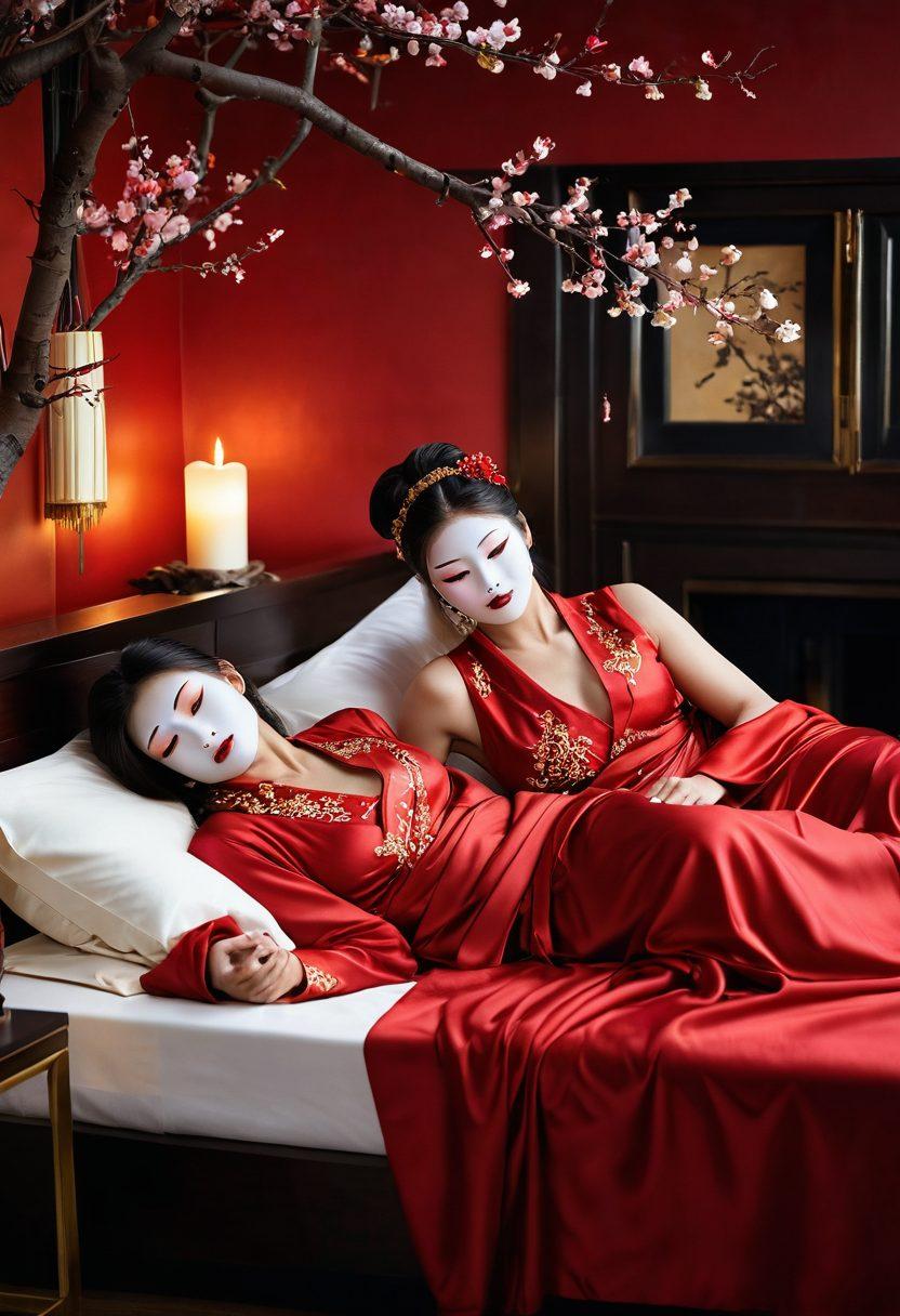 A sultry, intimate scene capturing the essence of Asian eroticism, featuring a tastefully arranged silk bed adorned with rich red and gold fabrics. In the foreground, a pair of intricately designed masks and delicate cherry blossoms symbolize hidden desires. The background should include soft candlelight casting warm shadows, enhancing the allure of the moment. The overall atmosphere is sensual and inviting, embracing a sense of adventure and exploration. super-realistic. vibrant colors. soft lighting.